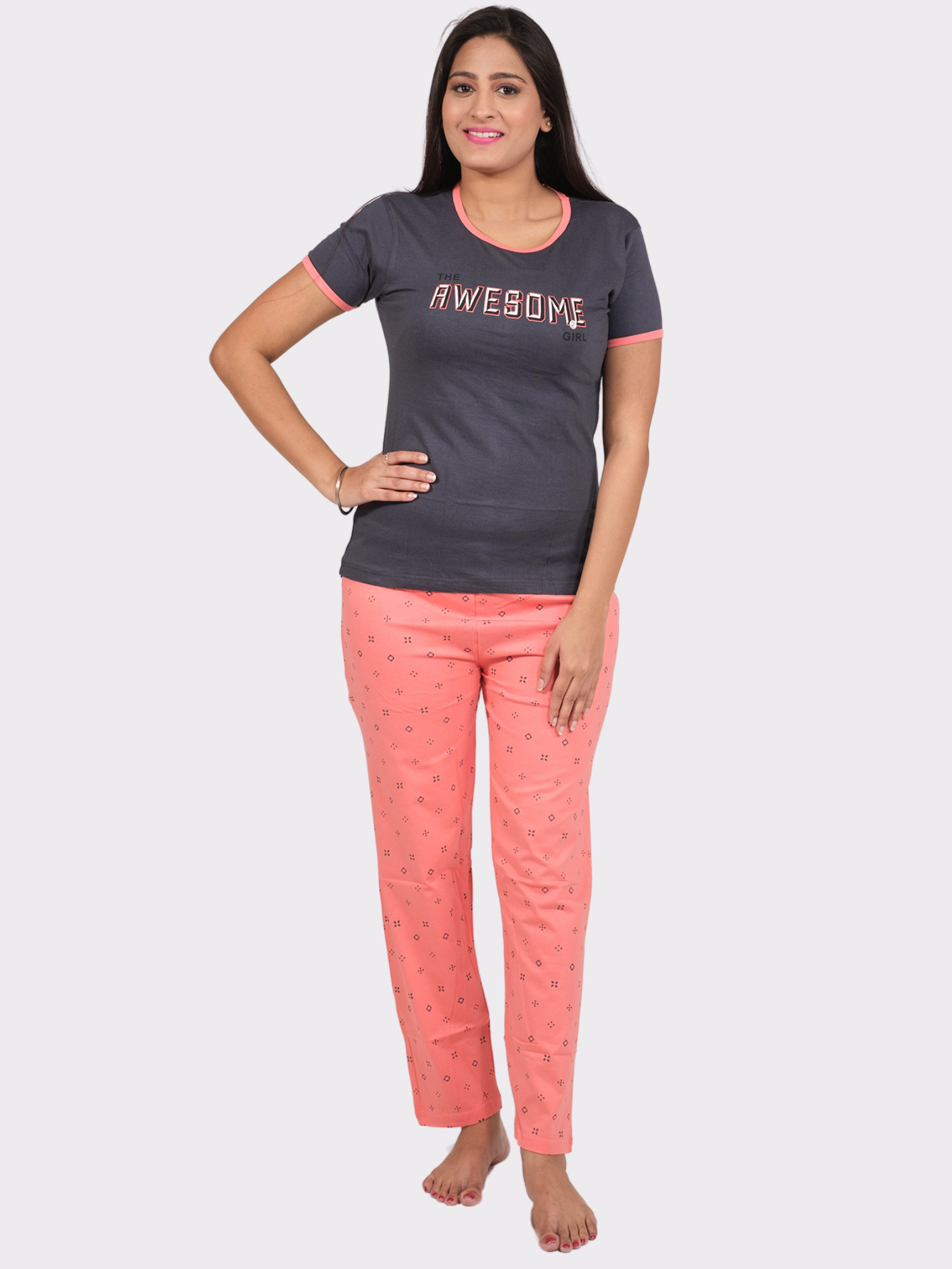 Night Suit Set - Charcol Grey & Salmon Pink