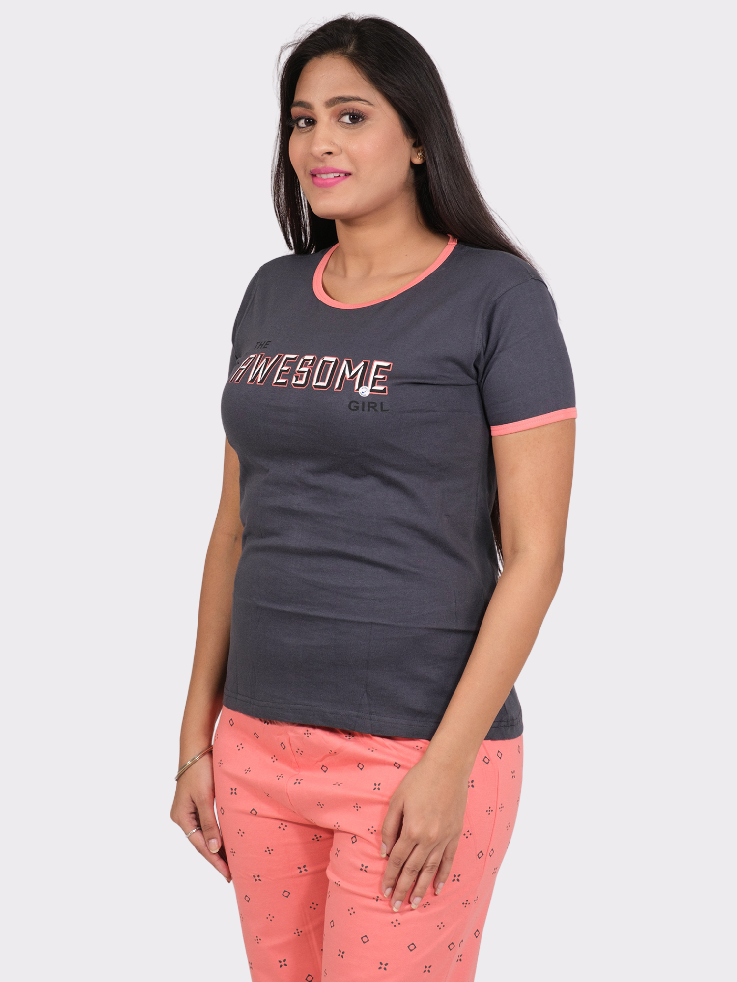Night Suit Set - Charcol Grey & Salmon Pink