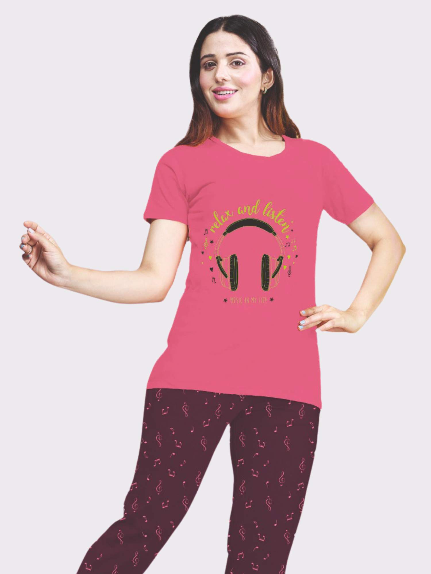 Night Suit Set - Coral Pink & Brown